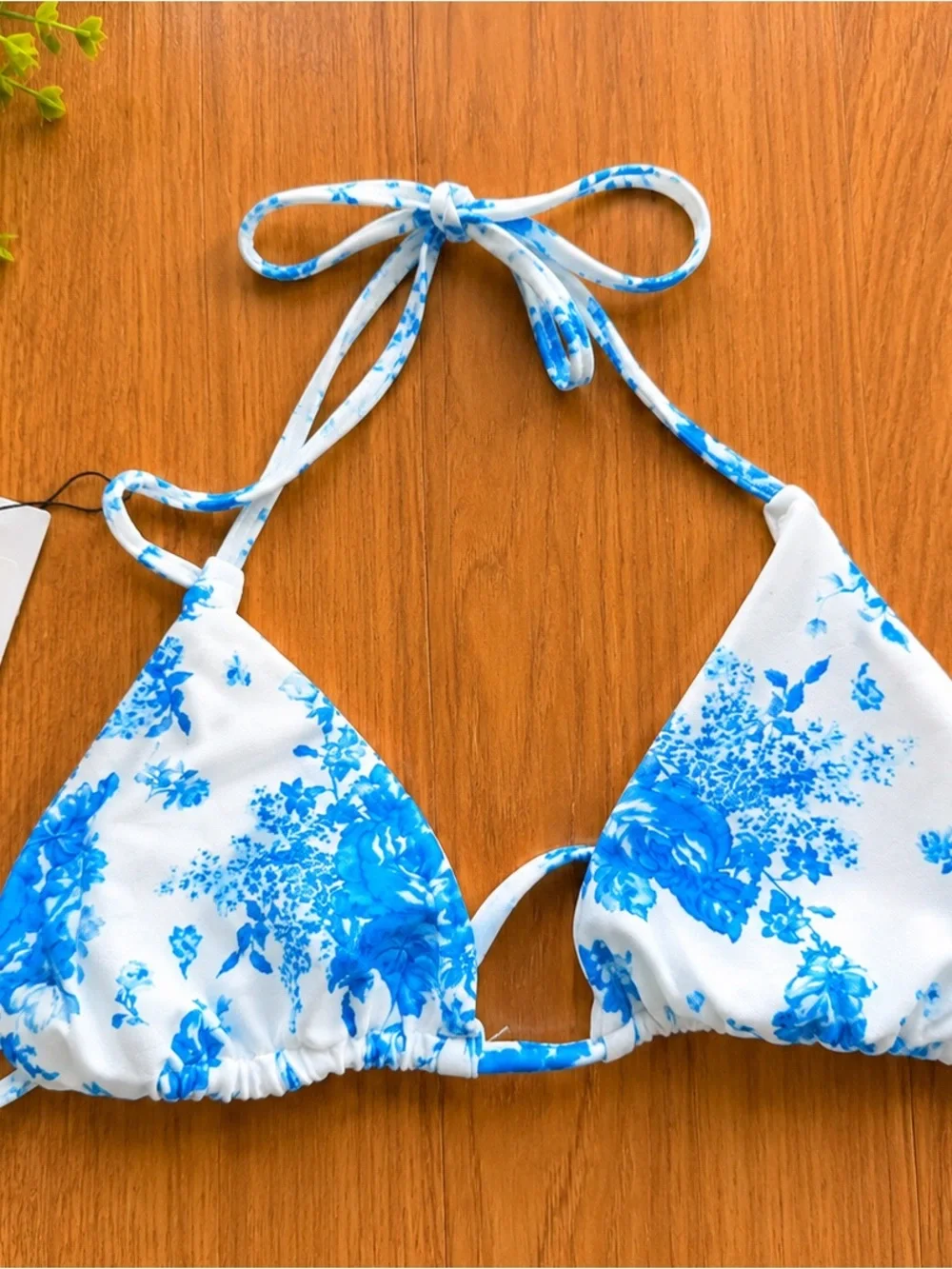 Frankie's Bikinis White and Blue Floral Triangle Bikini Top
